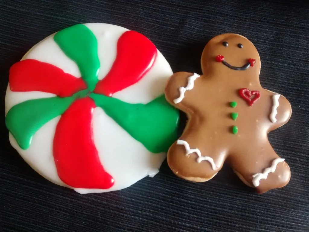 Christmas Sugar Cookies, a gingerbread man and giant swirled candy