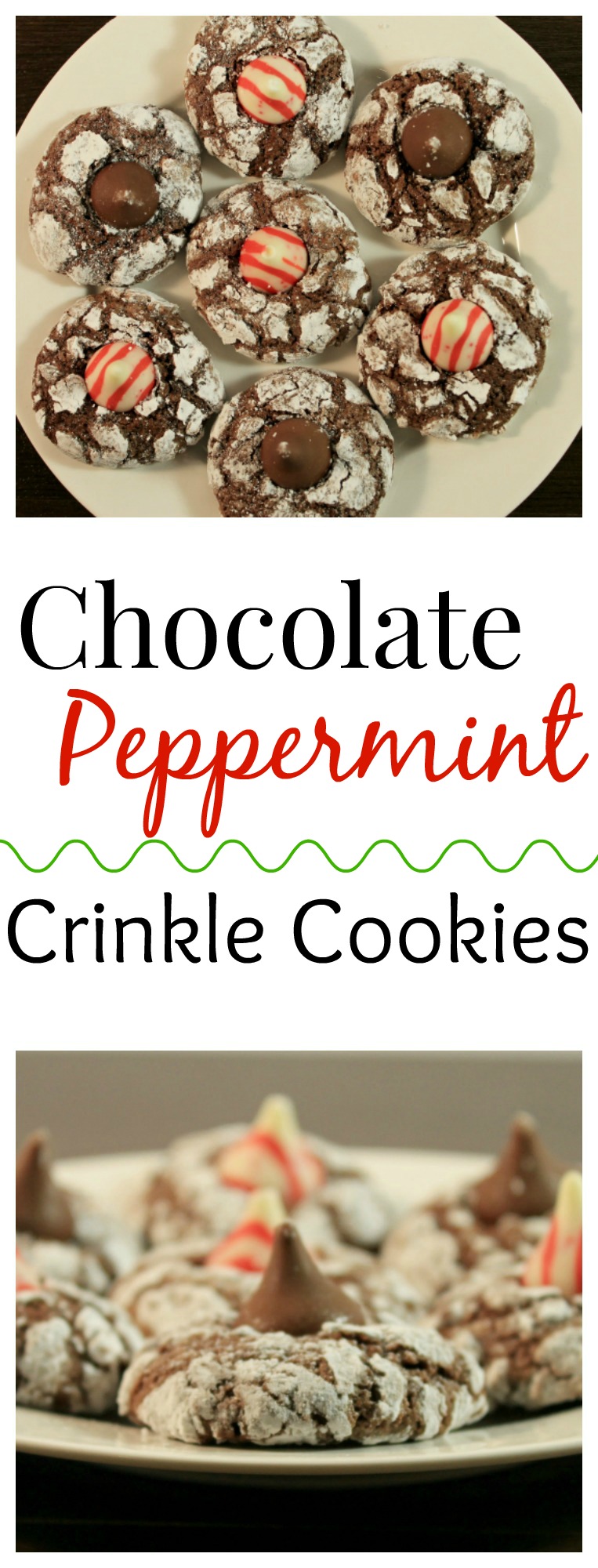 Chocolate Peppermint Crinkle Cookies - a chewy chocolate cookie topped with peppermint kisses! 