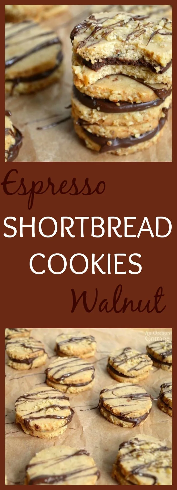A delicious grown-up Shortbread Cookie that is full of espresso and walnuts and smothered in a chocolate ganache!