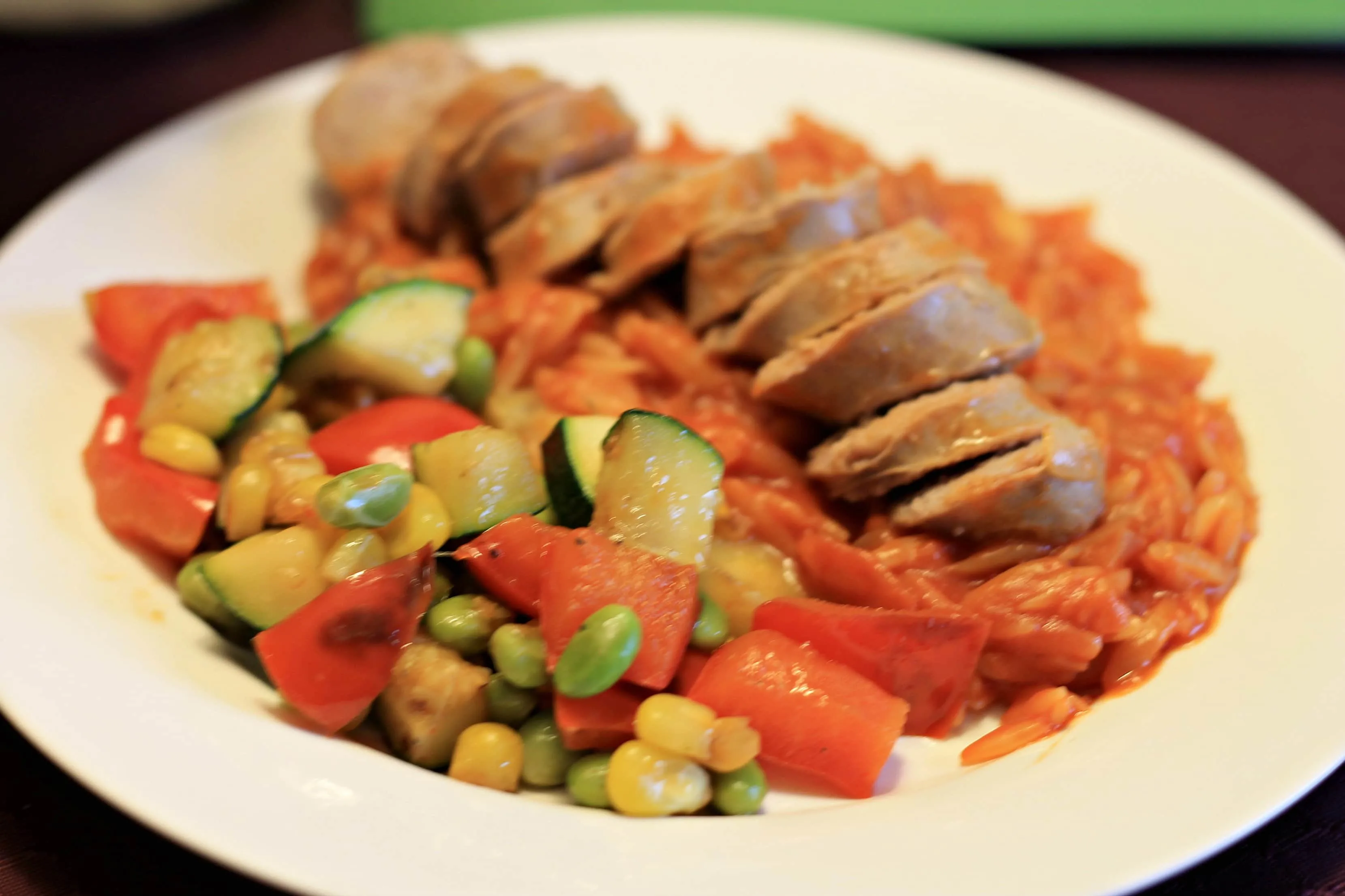 Italian Sausage with Veggie Succotash and Orzo