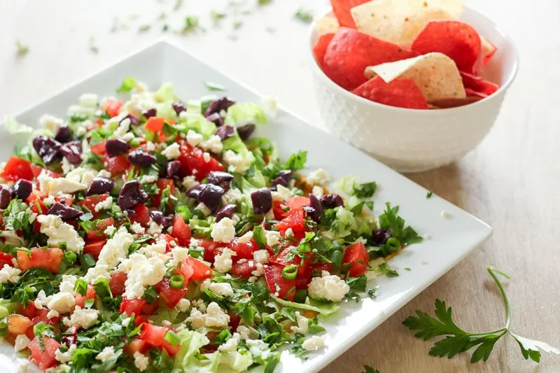 White square platter of Mediterranean Dip 