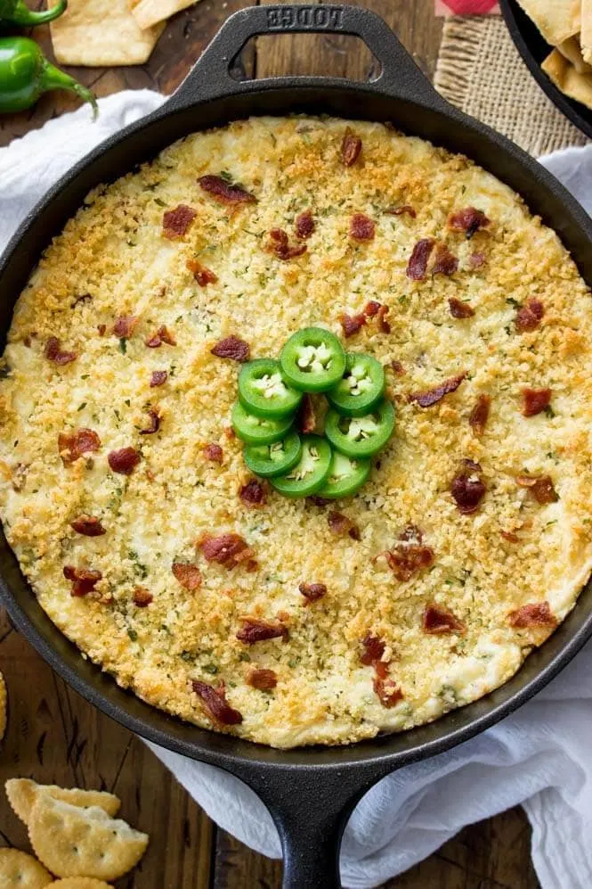 Cast iron skillet with Jalapeno Popper Dip 