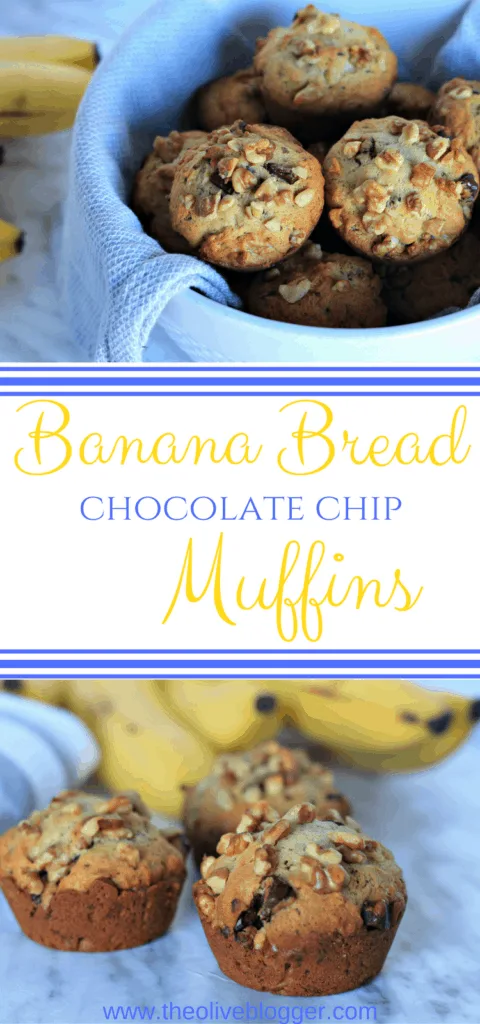 Chocolate Chip Banana Bread Muffins - these delicious muffins are easy to make and perfectly moist with just the right amount of chocolate throughout. Great for a mid-morning snack or a late night craving. #BananaMuffins #EasyMuffinRecipes 