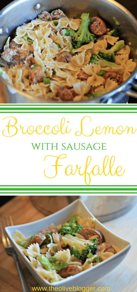 Broccoli Lemon Farfalle with Italian Sausage - this quick and easy meal is ready in 20 minutes making it a perfect weeknight meal! The whole family will love this flavorful dish! #EasyWeeknightDinner #PastaDish #20MinuteMeals 