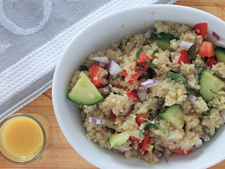 quinoa salad dressing red wine vinegar Quinoa Spinach Salad with Raspberry Vinaigrette Emilie Eats