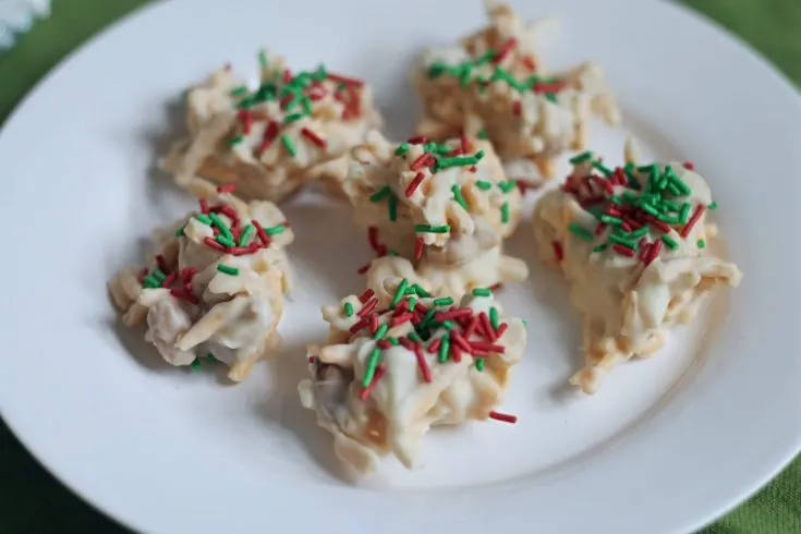 White Chocolate Haystack Cookies on White Dessert Plate