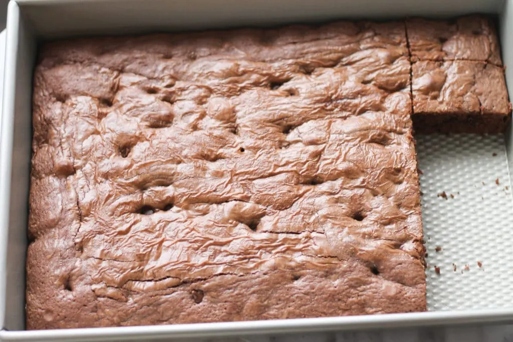 Baking pan with freshly baked Nutella Brownies 