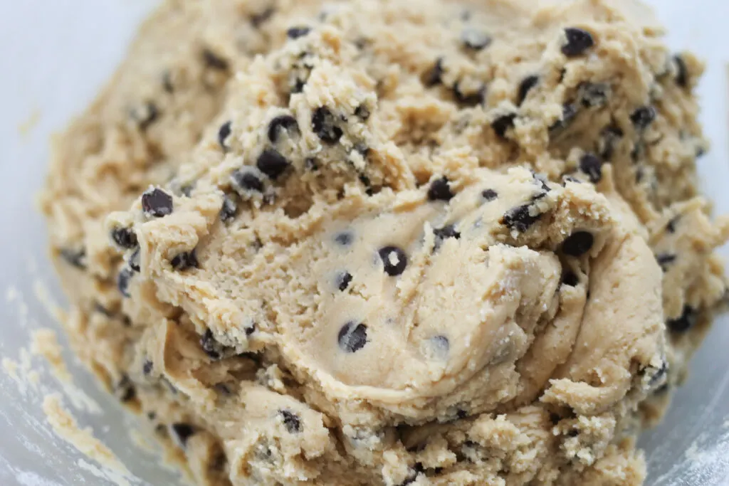 Chocolate Chip Biscotti Dough ball in glass bowl.