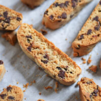Crunchy Chocolate Chip Biscotti Cookies on baking sheet.