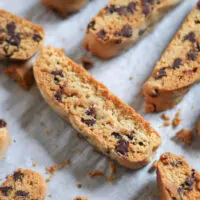 Crunchy Chocolate Chip Biscotti Cookies on baking sheet.