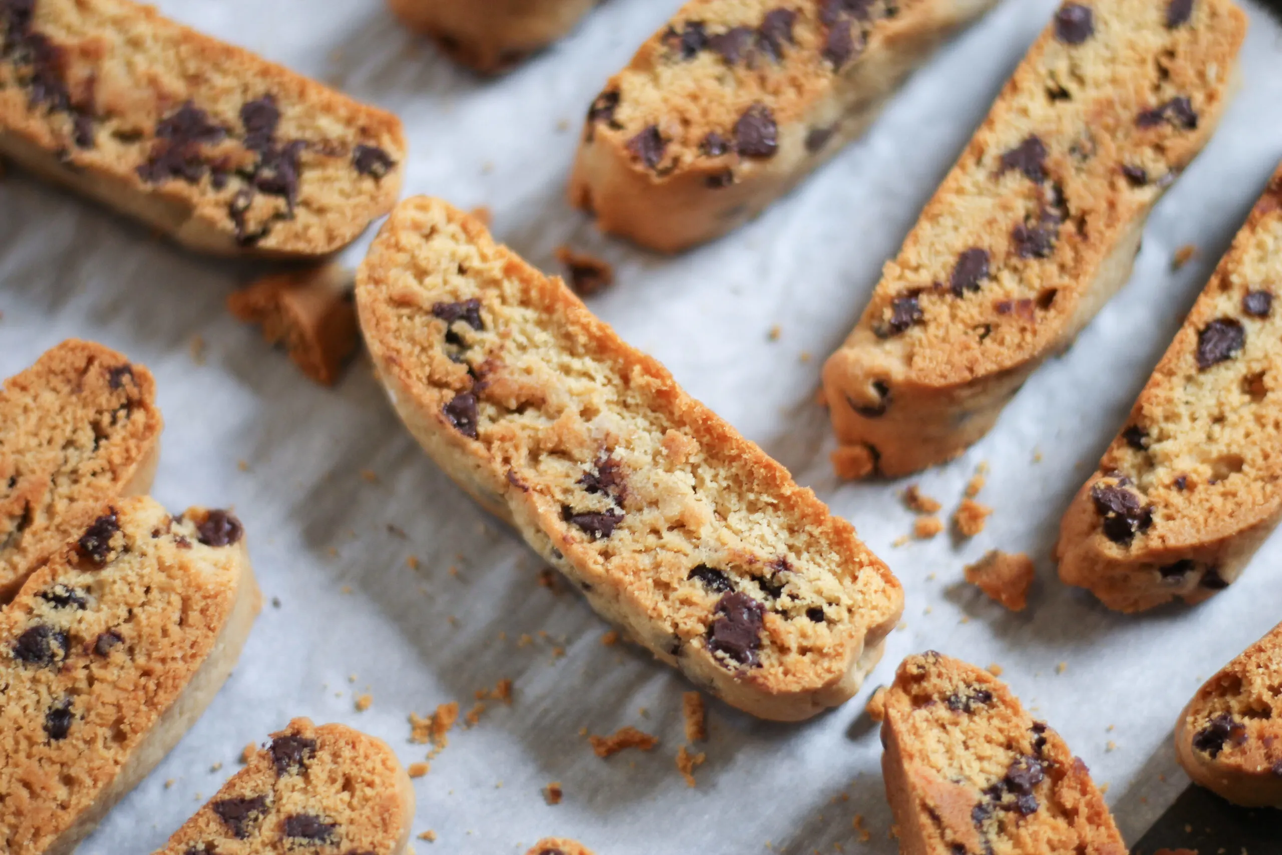 Crunchy Chocolate Chip Biscotti Cookies on baking sheet.